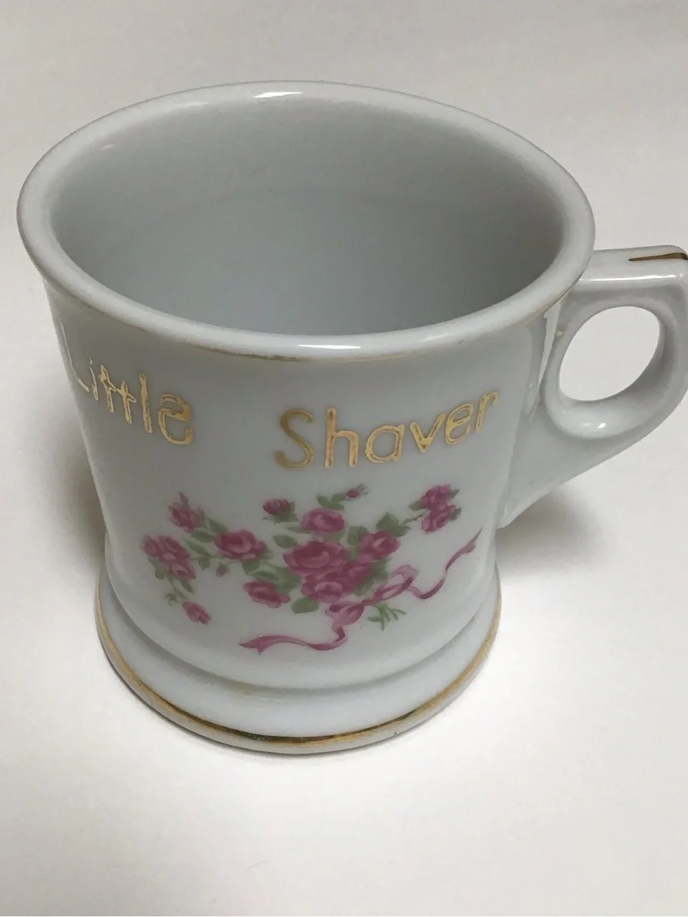 Vintage Shaving Mug FOR A LITTLE SHAVER Girl’s White Pink Roses Bouquet Ribbons